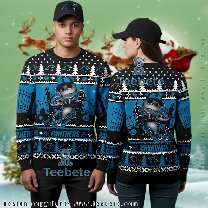 Carolina Panthers Jack Skellington Cool Ugly Christmas Sweater Blue