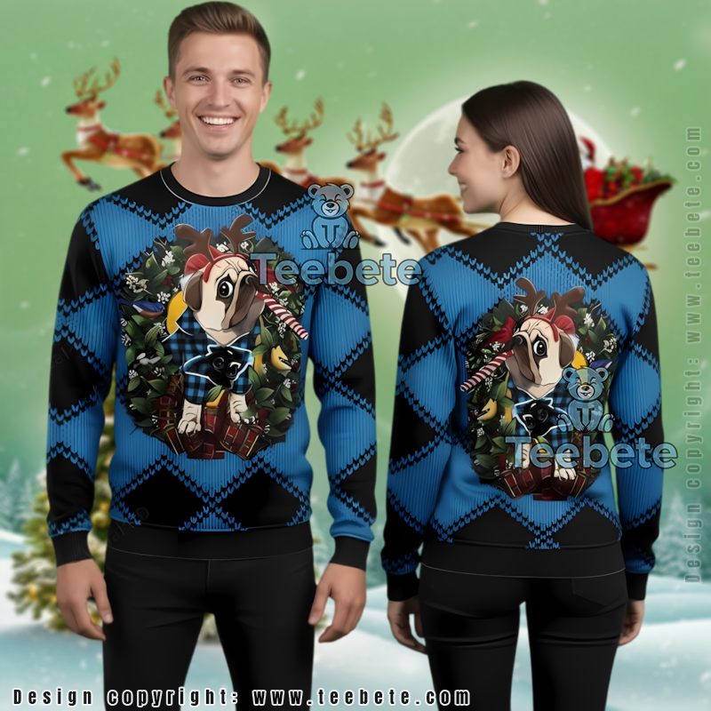 Carolina Panthers Pug Dog Cheap Ugly Christmas Sweater Blue