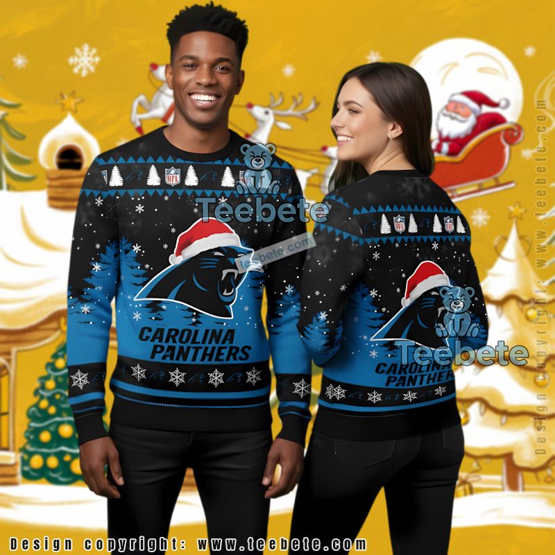 Carolina Panthers Santa Hat Cool Ugly Christmas Sweater Blue