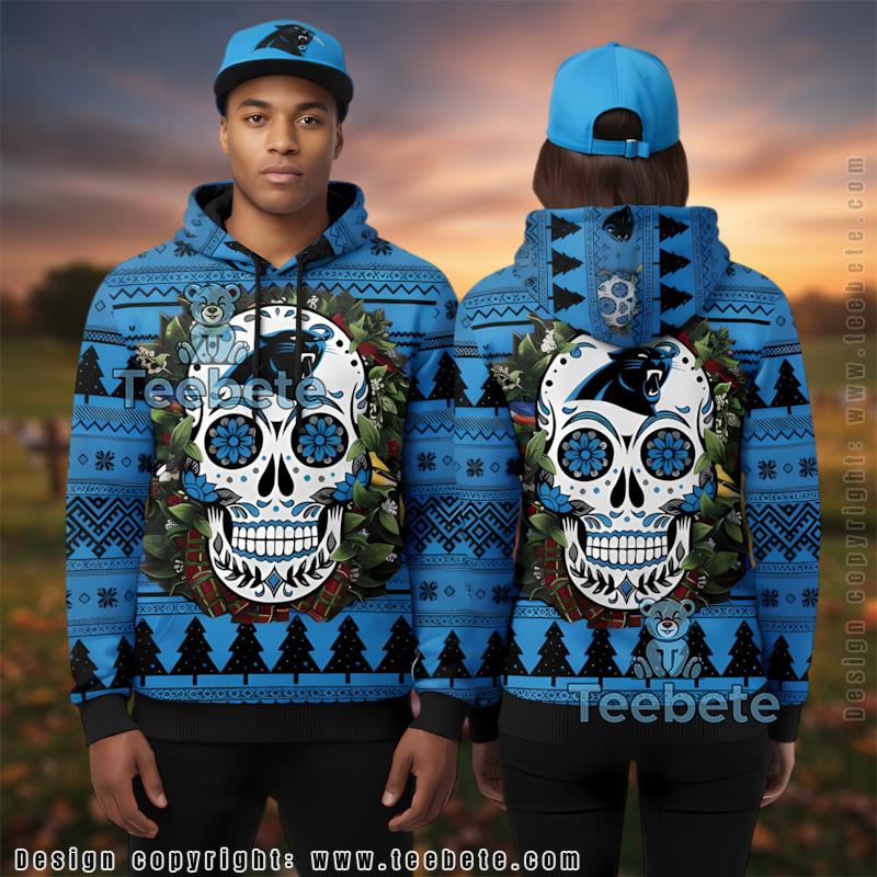 Carolina Panthers Skull Floral 3D Ugly Hoodie Zipper