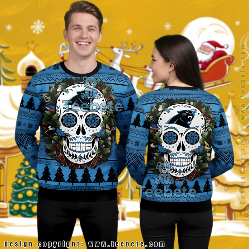 Carolina Panthers Skull Floral Cute Ugly Christmas Sweater Blue