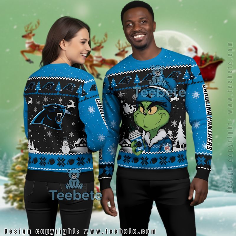 Carolina Panthers The Grinch Coffee Vintage Ugly Christmas Sweaters Blue