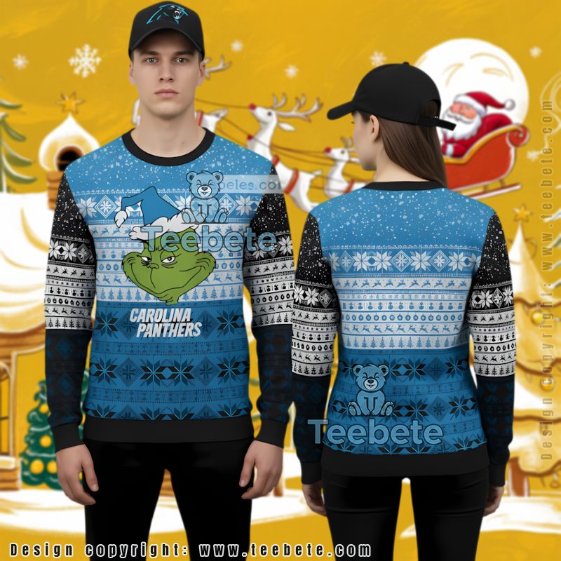 Carolina Panthers The Grinch Face Mens Ugly Christmas Sweater Blue