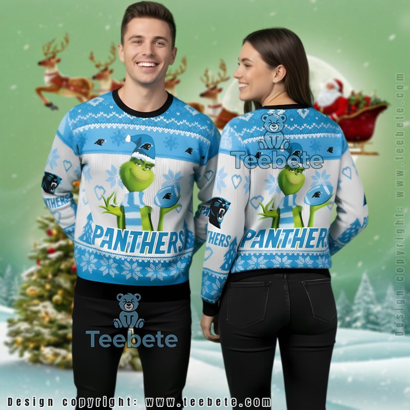 Carolina Panthers The Grinch Ladies Ugly Christmas Sweater Blue