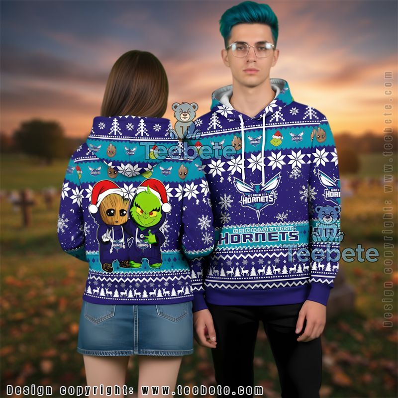 Charlotte Hornets Baby Groot The Grinch Ugly 3D Hoodie Unisex