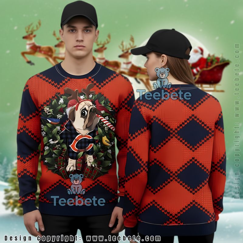 Chicago Bears Christmas Wreath Pub Dog Ugly Christmas Sweater On Sale Blue Orange