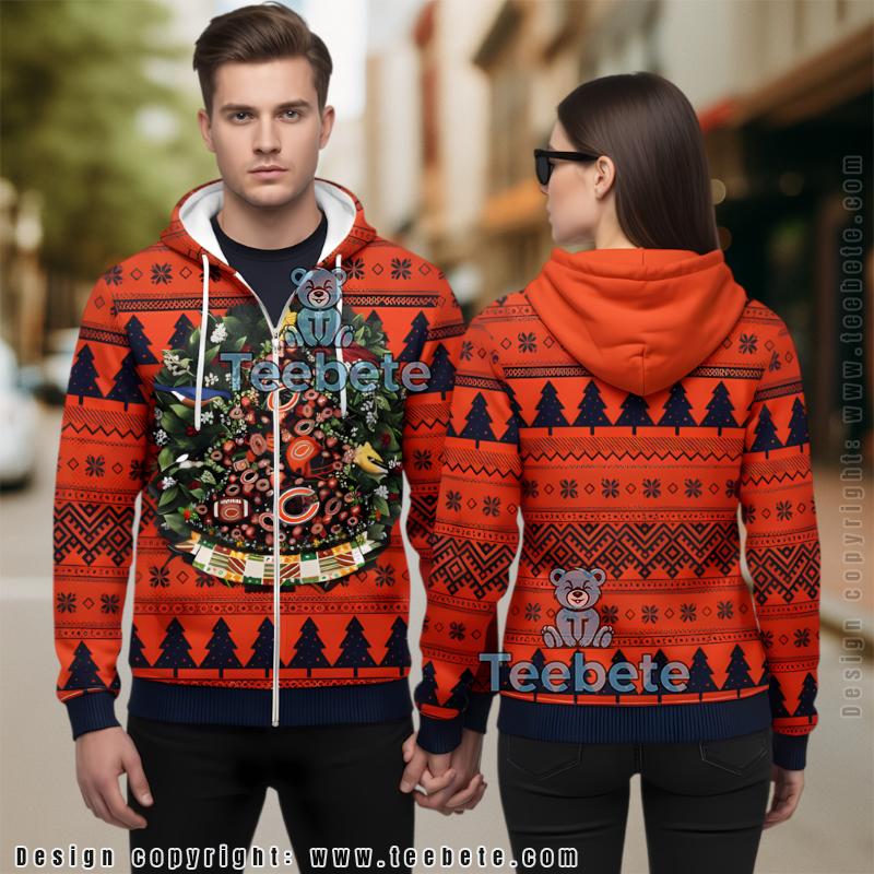 Chicago Bears Christmas Wreath Tree Ball 3D Ugly Zip Up Hoodie