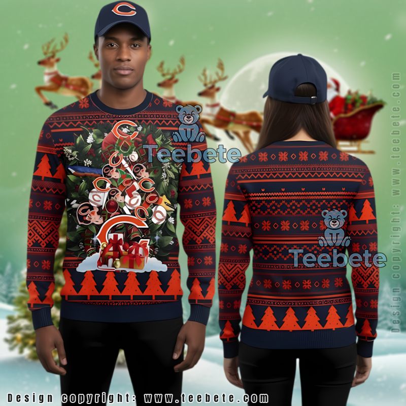 Chicago Bears Christmas Wreath Ugly Christmas Sweater Ladies Blue Orange
