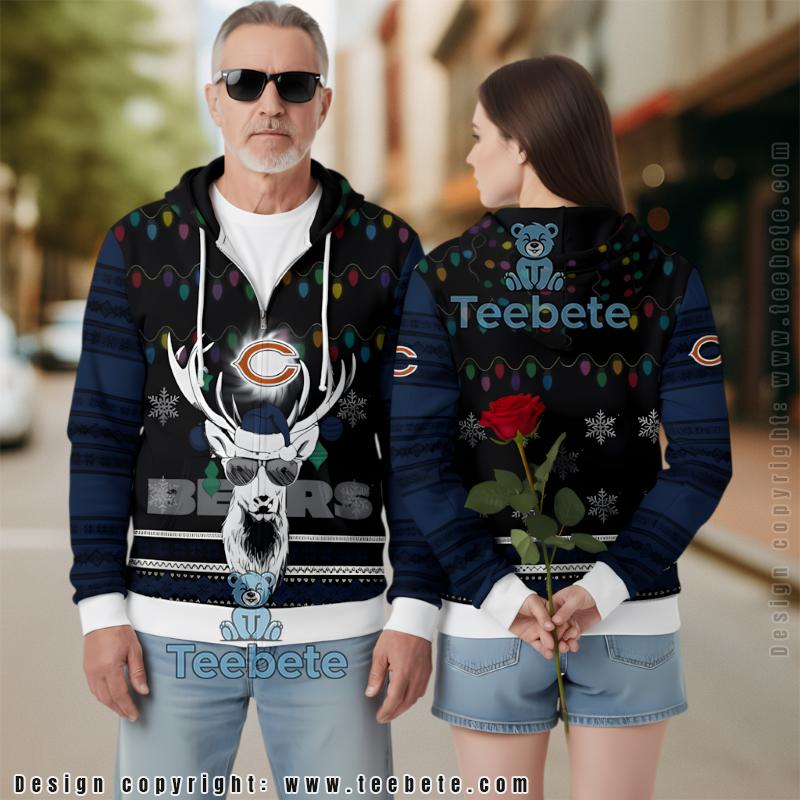 Chicago Bears Cool Reindeer Christmas Lights Ugly Zip Up Hoodie 3D Print
