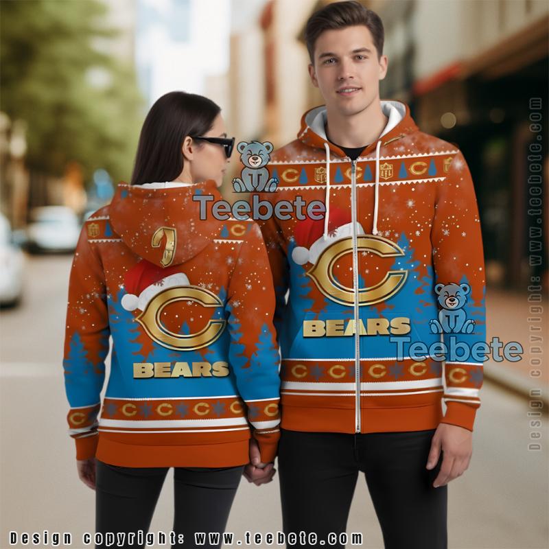 Chicago Bears Gold Logo Santa Hat Ugly Christmas 3D Zip Up Hoodie