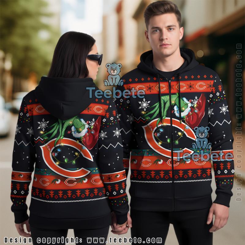 Chicago Bears Grinch Christmas Lights Ugly Zip Up Hoodie 3D Print