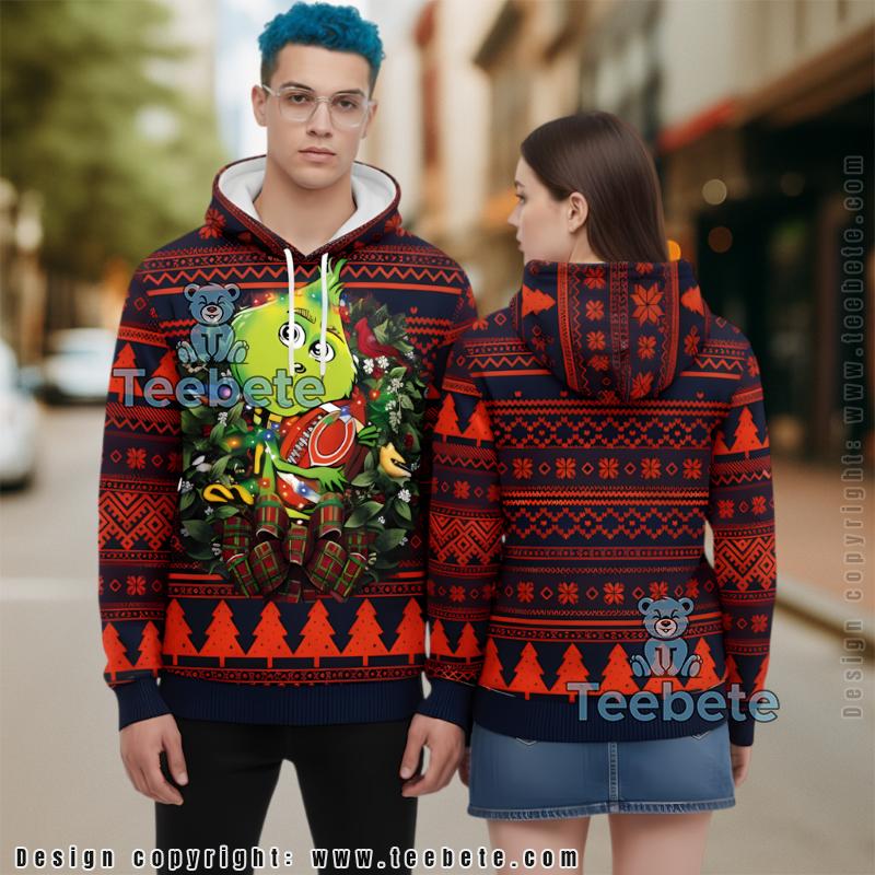 Chicago Bears Grinch Christmas Wreath Ugly 3D Hoodie