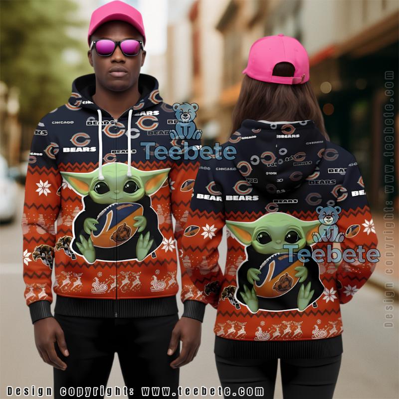 Chicago Bears Grogu Baby Yoda Ugly Christmas 3D Zip Up Hoodie