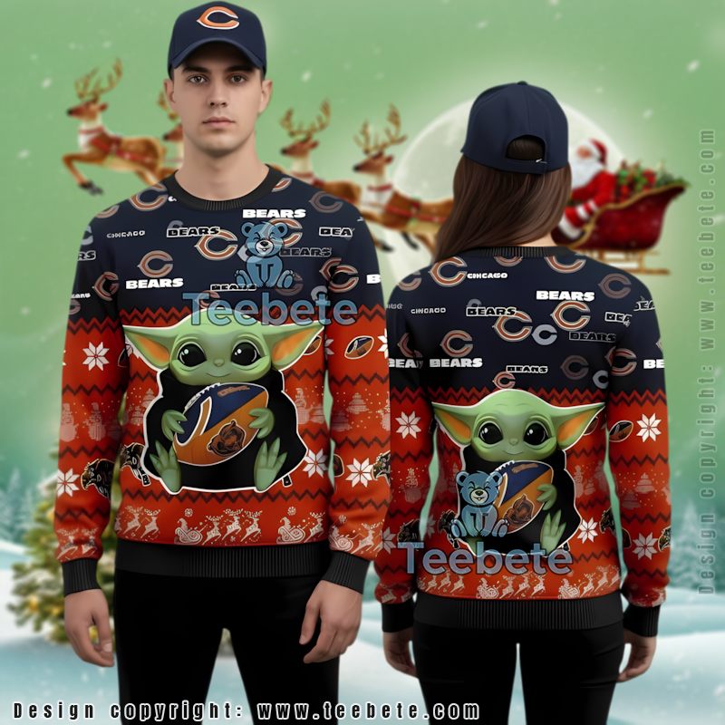 Chicago Bears Grogu Ugly Christmas Sweater Matching Blue Orange