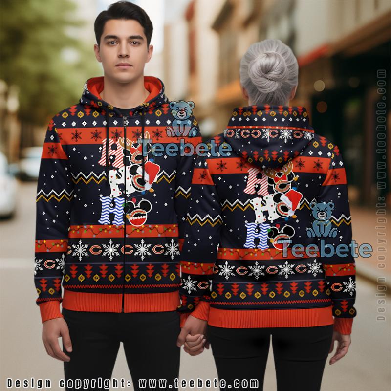 Chicago Bears Ho Ho Ho Mickey Mouse Ugly Christmas 3D Zip Up Hoodie