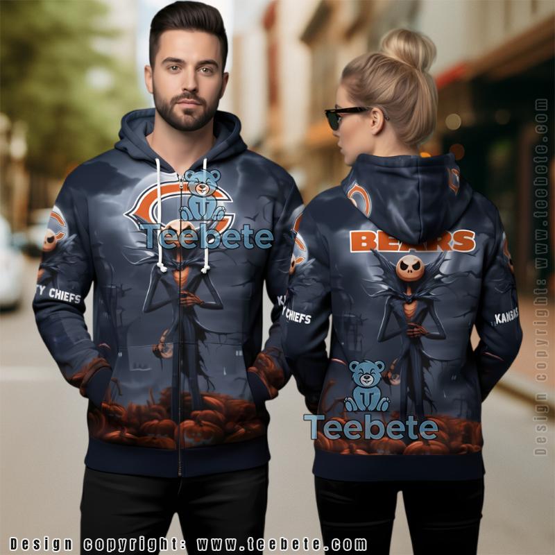 Chicago Bears Jack Skellington Halloween 3D Print Zip Up Hoodie