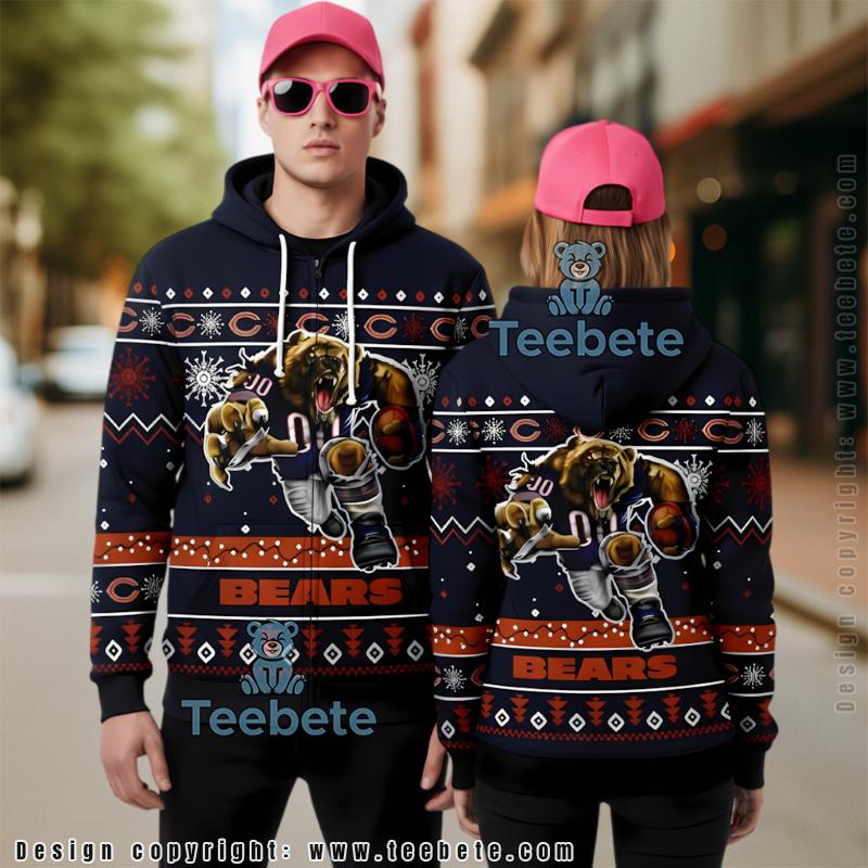 Chicago Bears Mascot Football Ugly Christmas 3D Zip Up Hoodie