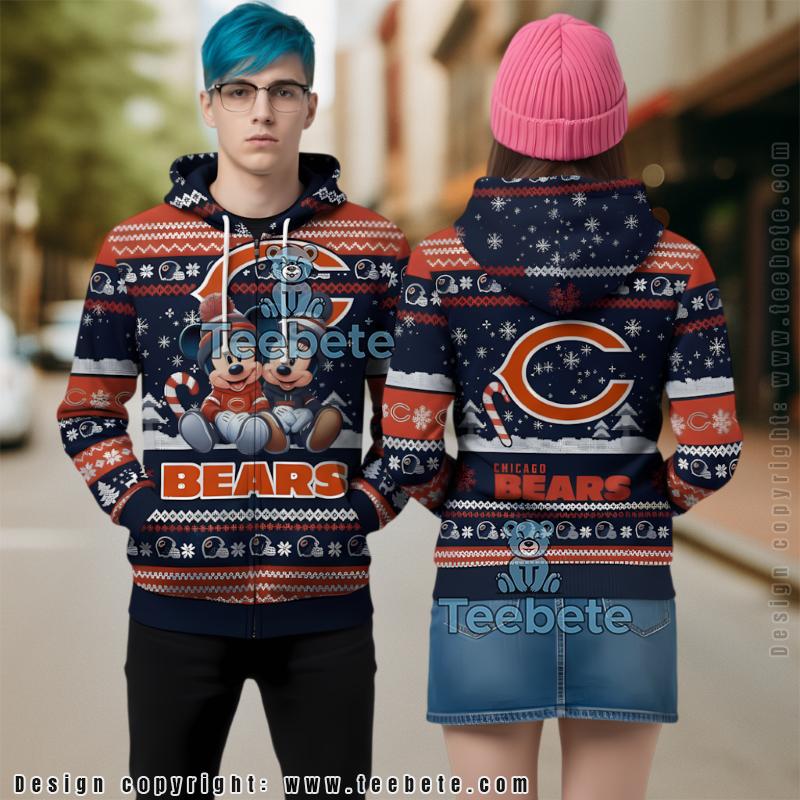 Chicago Bears Mickey Minnie Mouse Ugly Christmas 3D Zip Up Hoodie