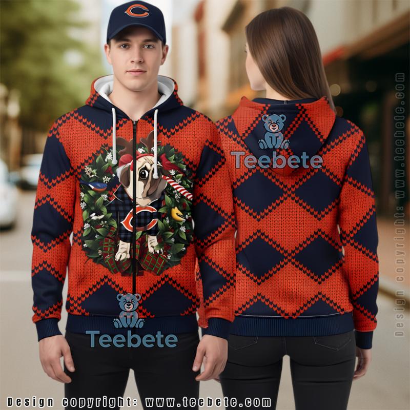 Chicago Bears Pug Dog Christmas Wreath Ugly 3D Hoodie