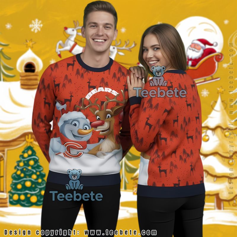 Chicago Bears Reindeer Snowman Ugly Christmas Sweater Mens Blue Orange