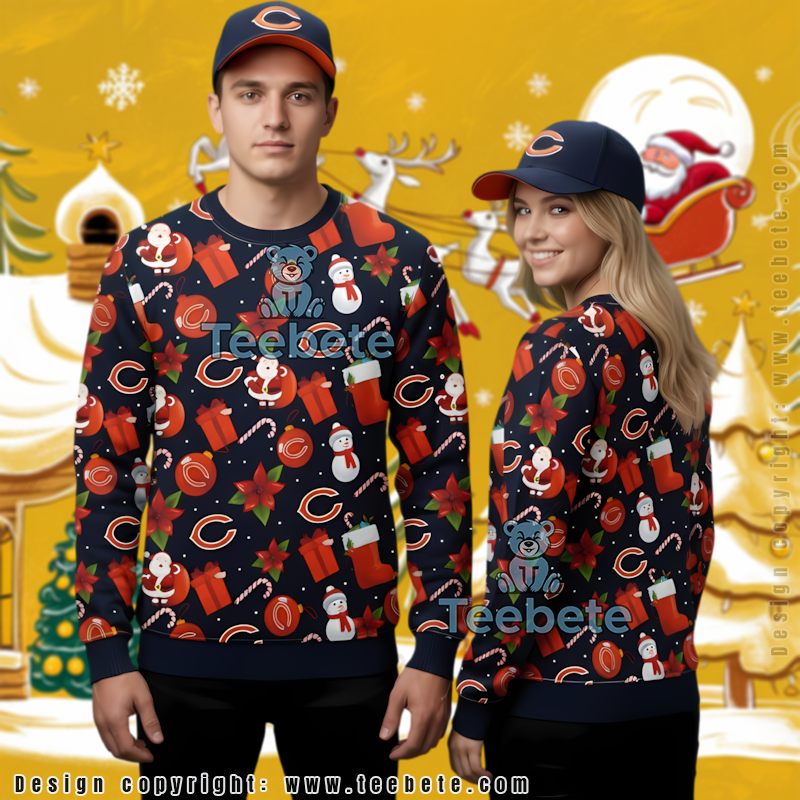 Chicago Bears Santa Claus Ugly Christmas Sweater Couples Black Orange