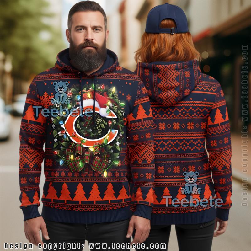 Chicago Bears Santa Hat Wreath Ugly Christmas Sweater 3D Hoodie
