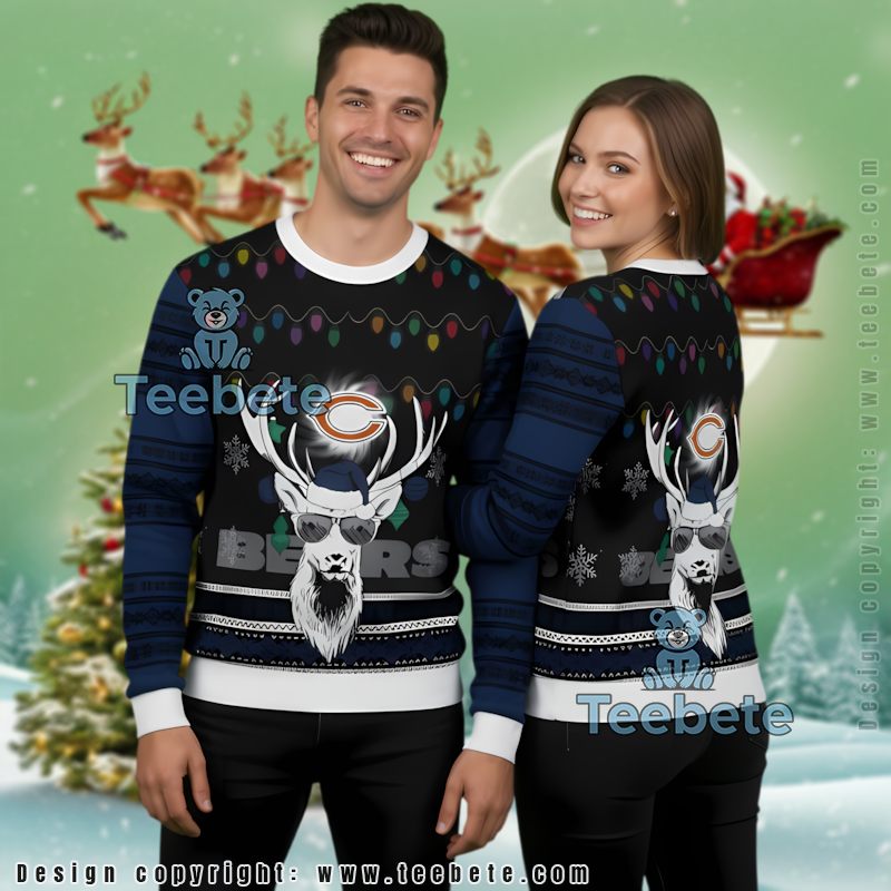 Chicago Bears Santa Reindeer Ugly Christmas Sweater Blue White
