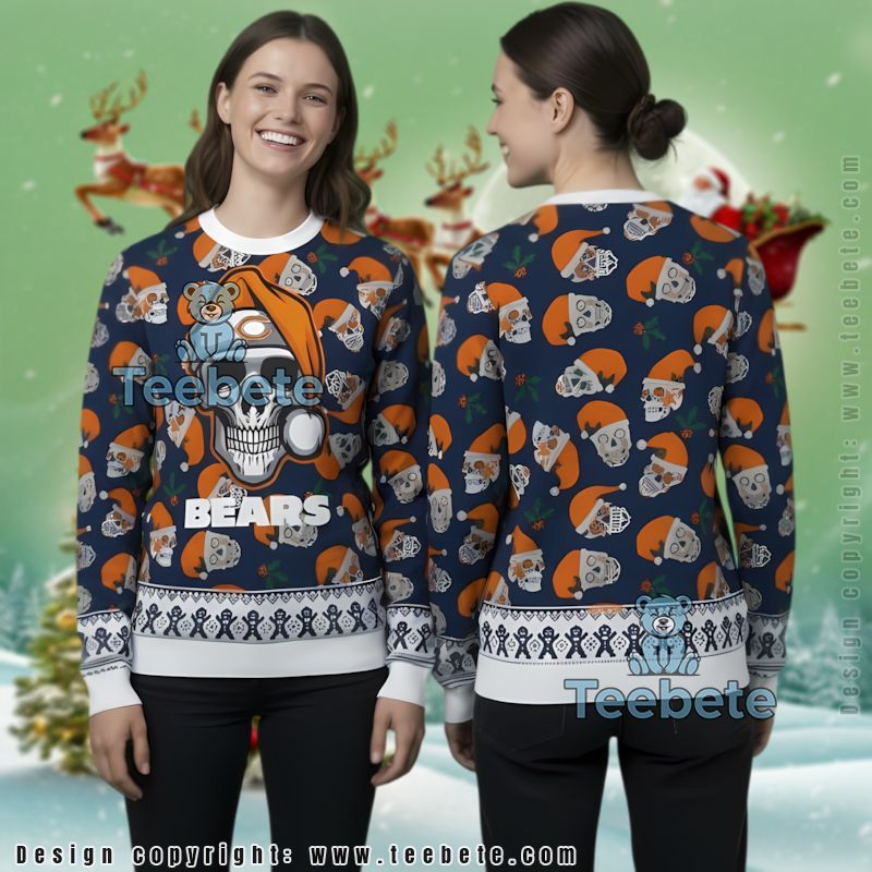 Chicago Bears Santa Skull Ugly Christmas Sweater Crazy Blue Orange