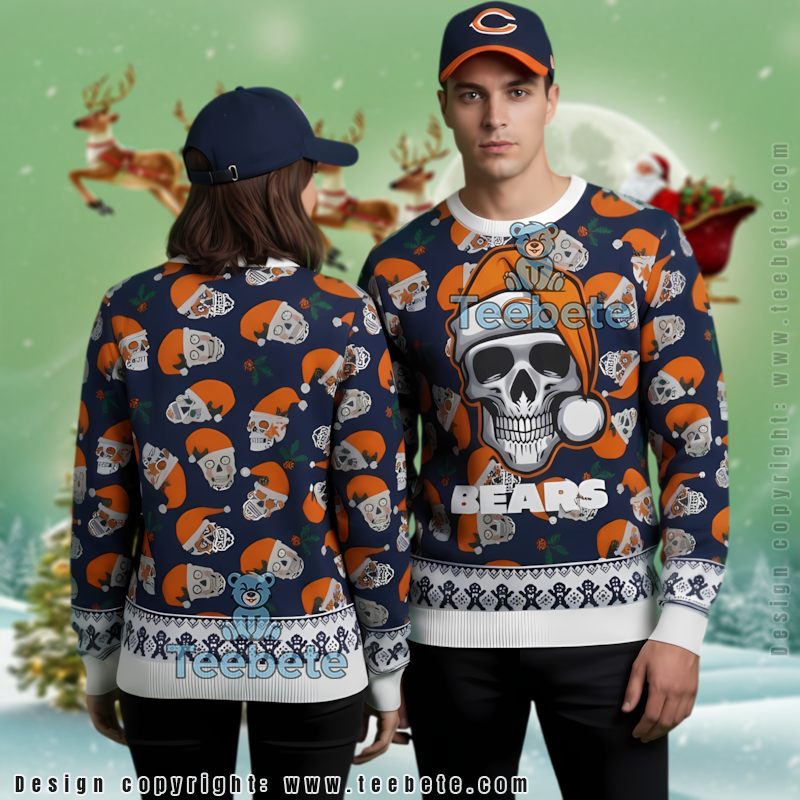 Chicago Bears Santa Skull Ugly Christmas Sweater Funny Blue Orange