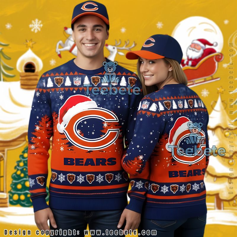 Chicago Bears Santa Claus Ugly Christmas Sweater Couples Black Orange
