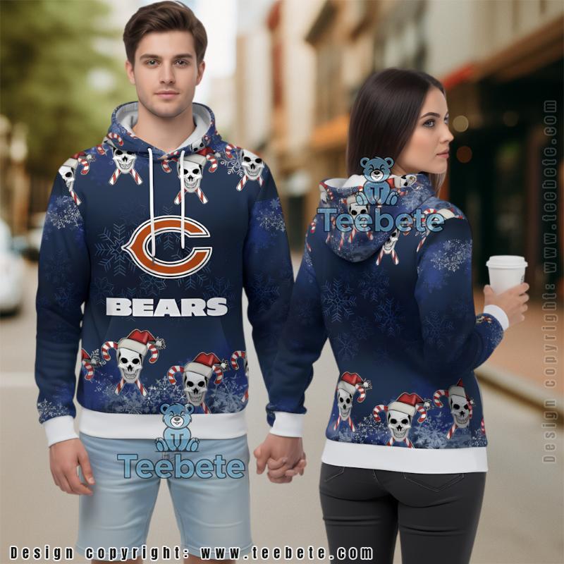 Chicago Bears Skull Candy Cane Ugly Christmas 3D Hoodie