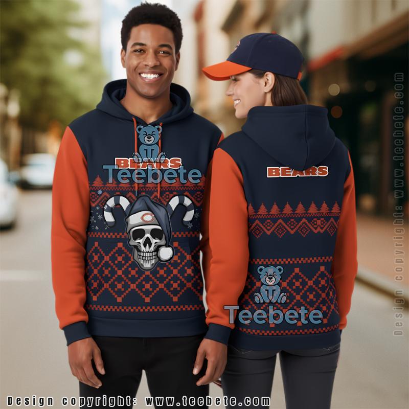 Chicago Bears Skull Candy Cane Ugly Christmas 3D Print Hoodie