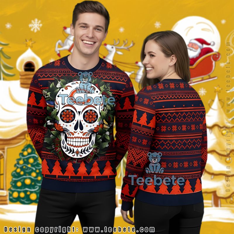 Chicago Bears Skull Candy Ugly Christmas Sweater Family Orange Blue