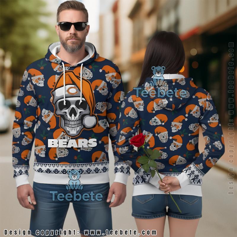 Chicago Bears Skull Santa Hat Pattern Ugly 3D Hoodie