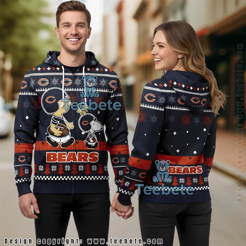 Chicago Bears Snoopy And Woodstock Ugly Christmas 3D Zip Up Hoodie