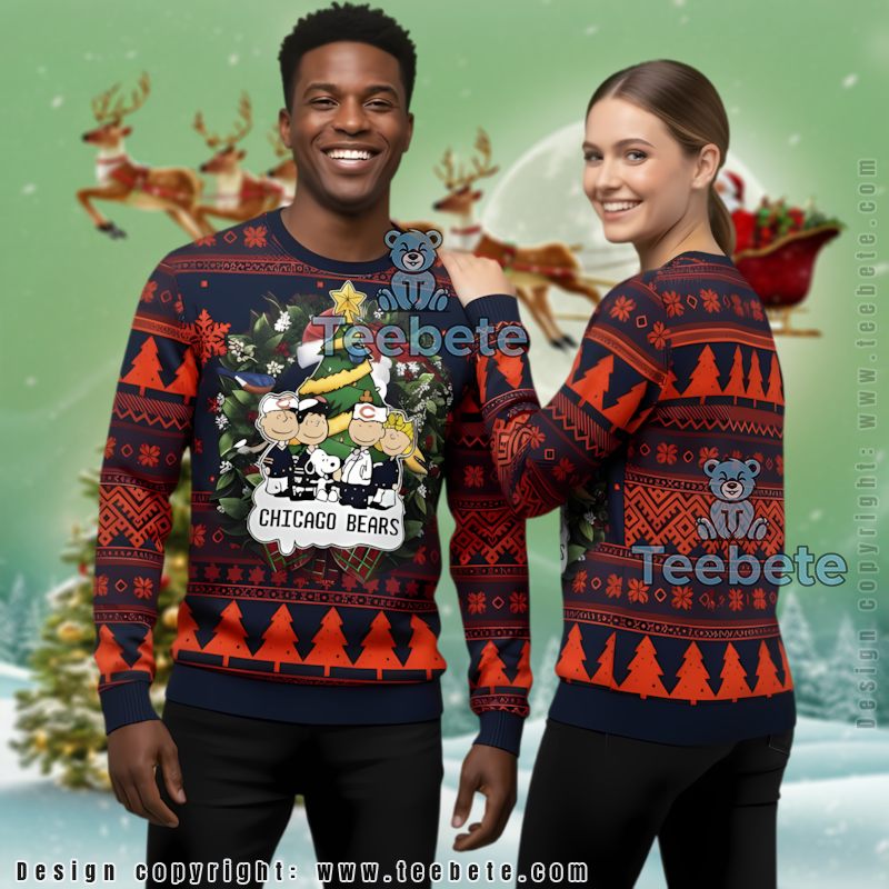 Chicago Bears Snoopy Charlie Brown Ugly Christmas Cardigan Blue Orange