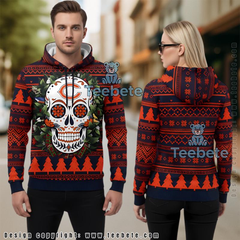 Chicago Bears Sugar Skull Ugly Christmas 3D Hoodie