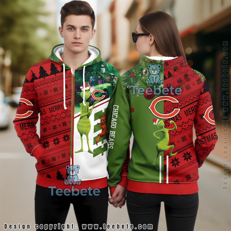 Chicago Bears The Grinch Ugly Zip Up Hoodie 3D Print