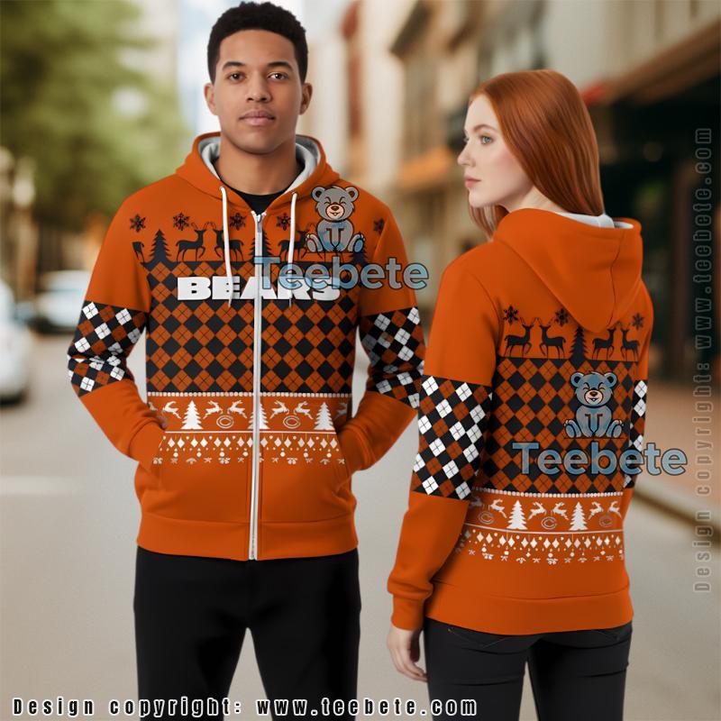 Chicago Bears Ugly Christmas Argyle Reindeer 3D Print Zip Up Hoodie