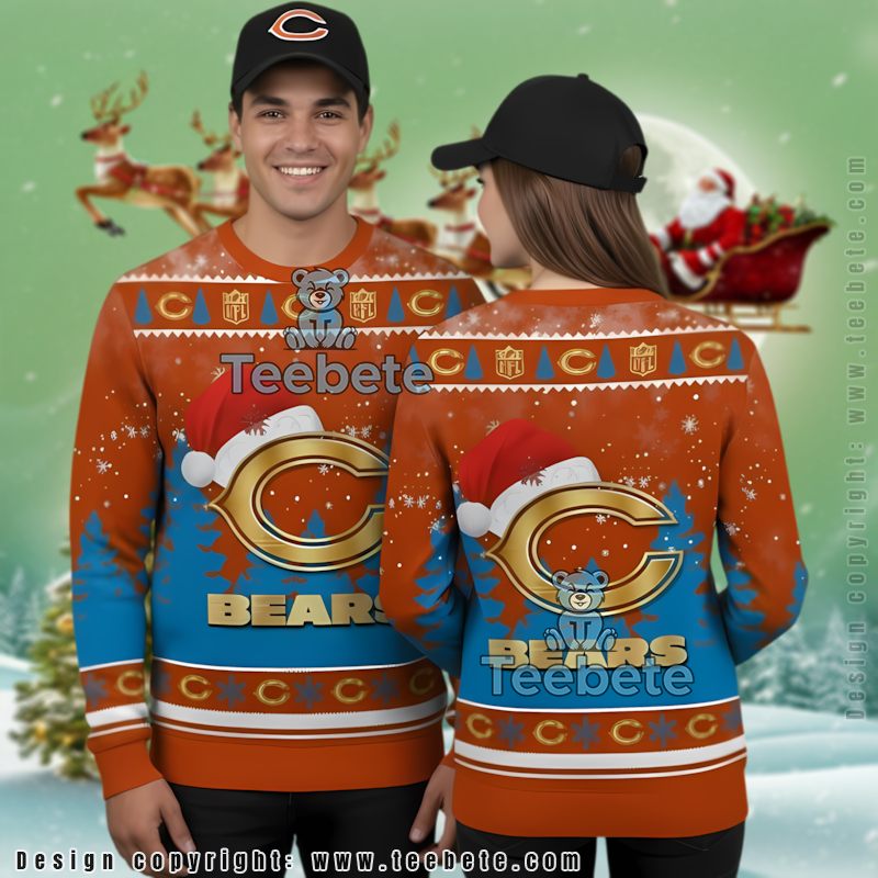Chicago Bears Wearing Santa Hat Ugly Christmas Sweater Funny Blue Orange