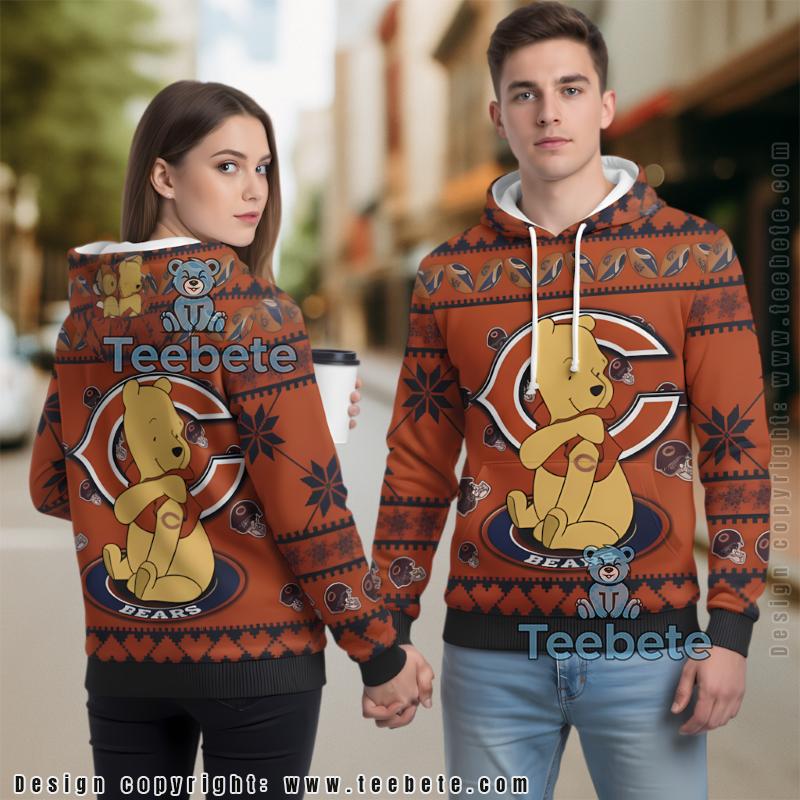 Chicago Bears Winnie The Pooh Ugly Christmas 3D Hoodie