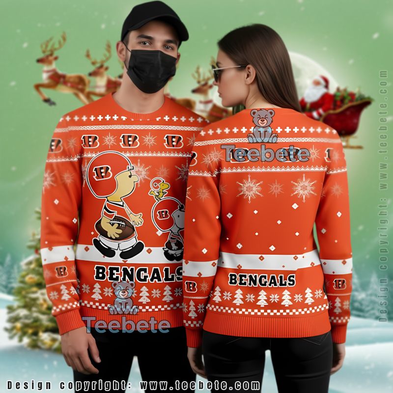 Cincinnati Bengals Charlie Brown Snoopy Ugly Christmas Sweater Couples Orange
