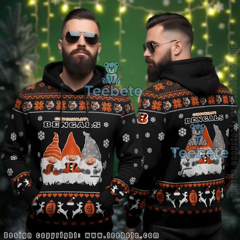 Cincinnati Bengals Christmas Gnomes Ugly 3D Hoodie Black Orange