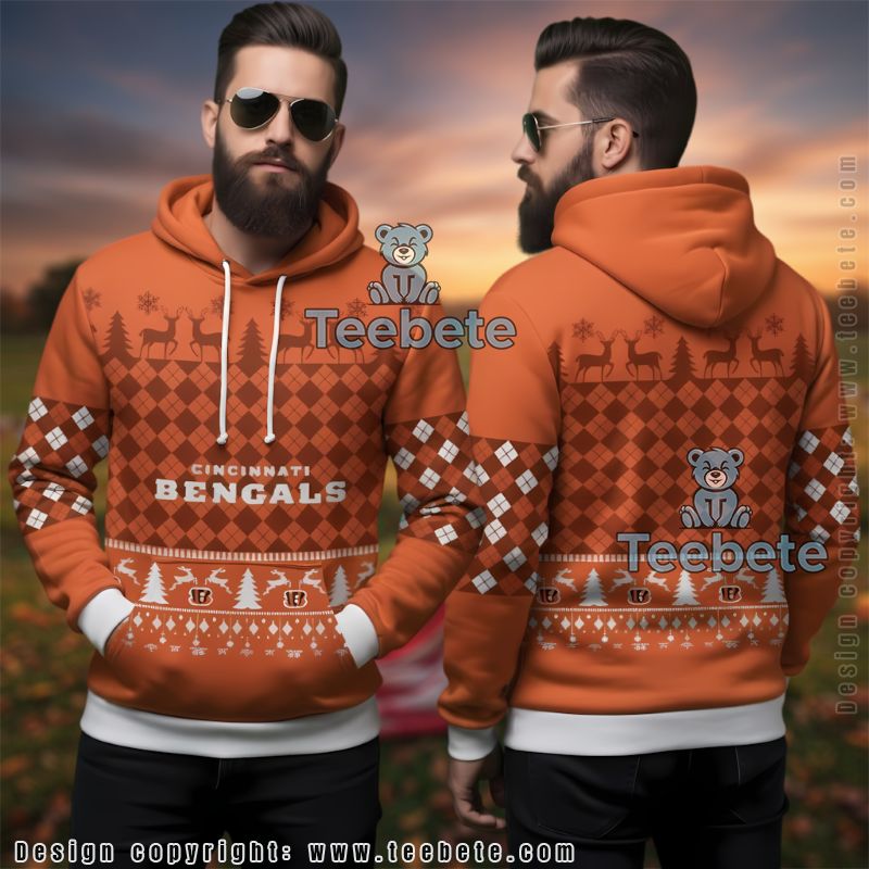 Cincinnati Bengals Deer Pattern Ugly 3D Hoodie Orange Christmas
