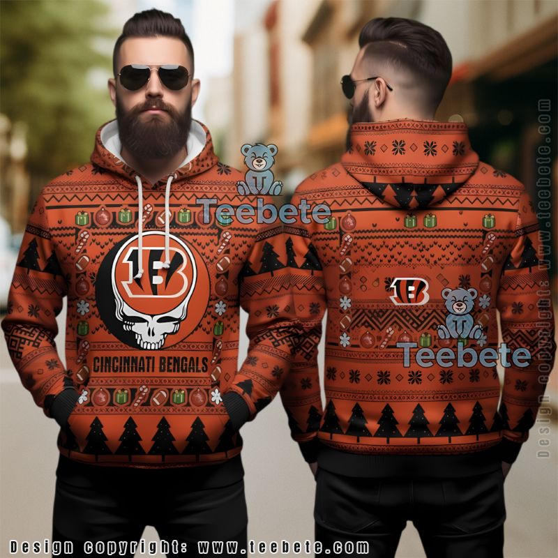Cincinnati Bengals Grateful Dead Ugly Christmas 3D Hoodie Orange Black