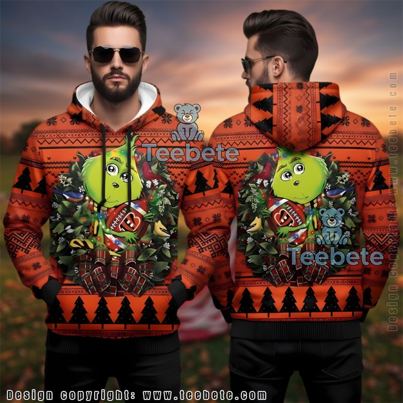 Cincinnati Bengals Grinch Wreath Ugly Christmas 3D Hoodie