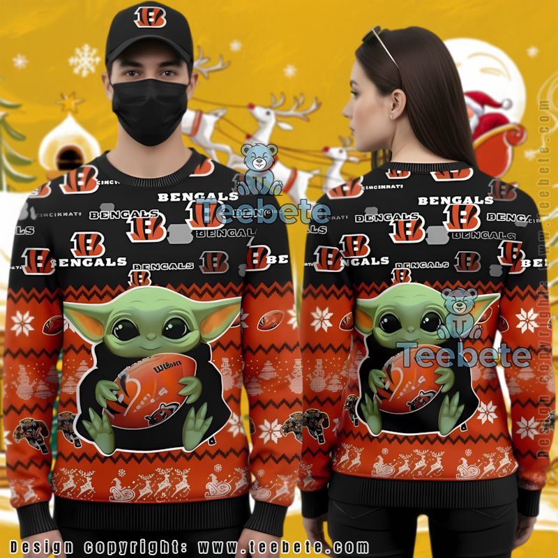 Cincinnati Bengals Grogu Ugly Christmas Sweater Vintage Black Orange