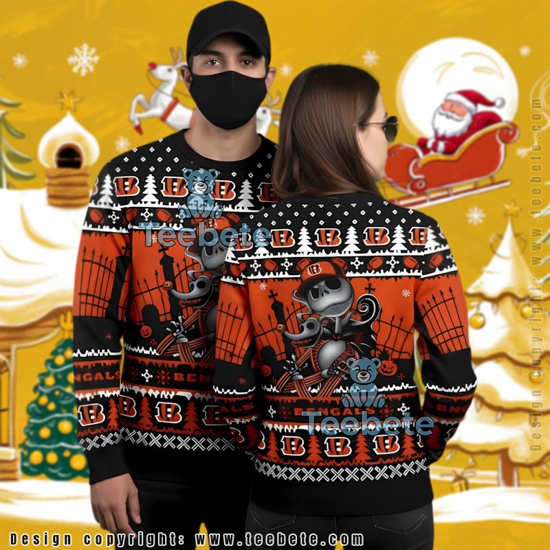 Cincinnati Bengals Jack Skellington Zero Ugly Christmas Sweater Ladies