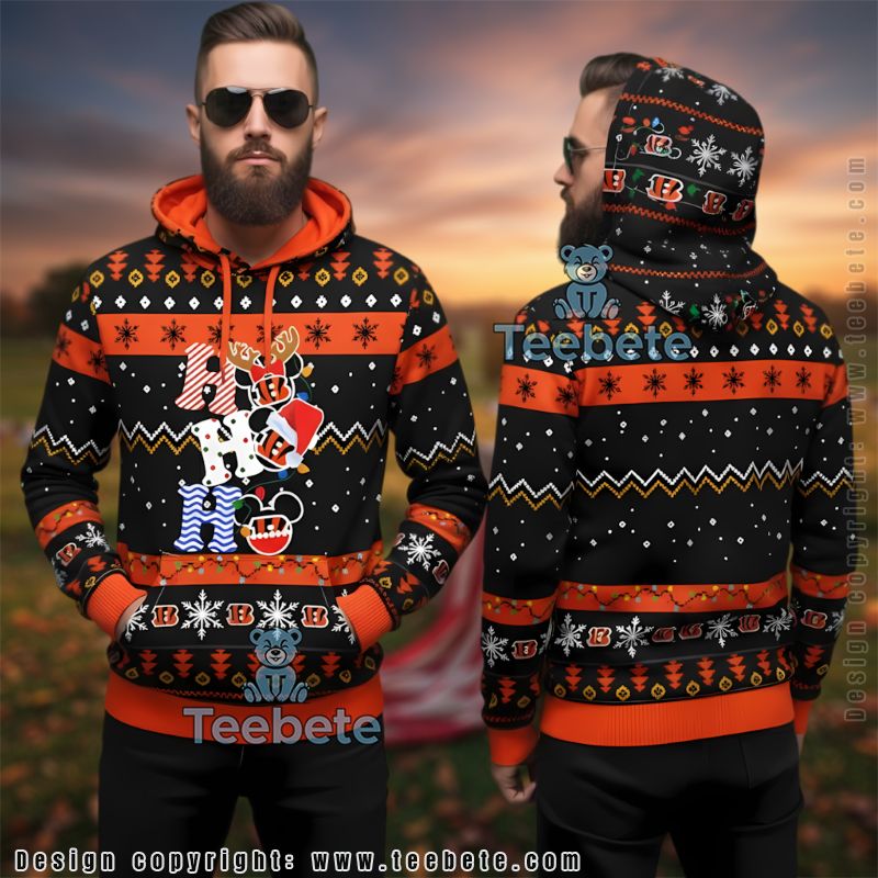 Cincinnati Bengals Mickey Mouse Ho Ho Ho Ugly Christmas 3D Hoodie