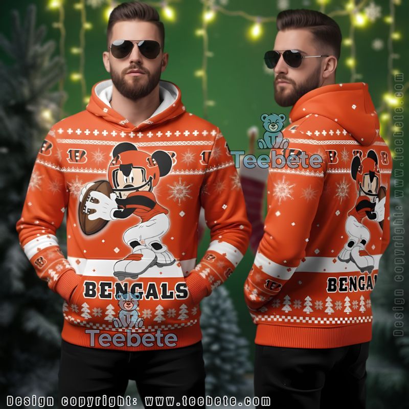 Cincinnati Bengals Mickey Mouse Player Ugly 3D Hoodie Orange Fan Gear